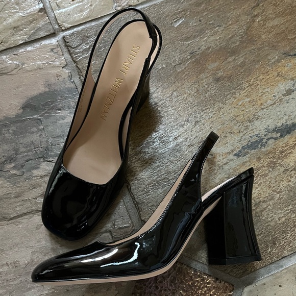 🍃💕NIB STUART WEITZMAN Curve 85 Black Patent Block Heel Slingback Pump Size 9.5 - Picture 3 of 16